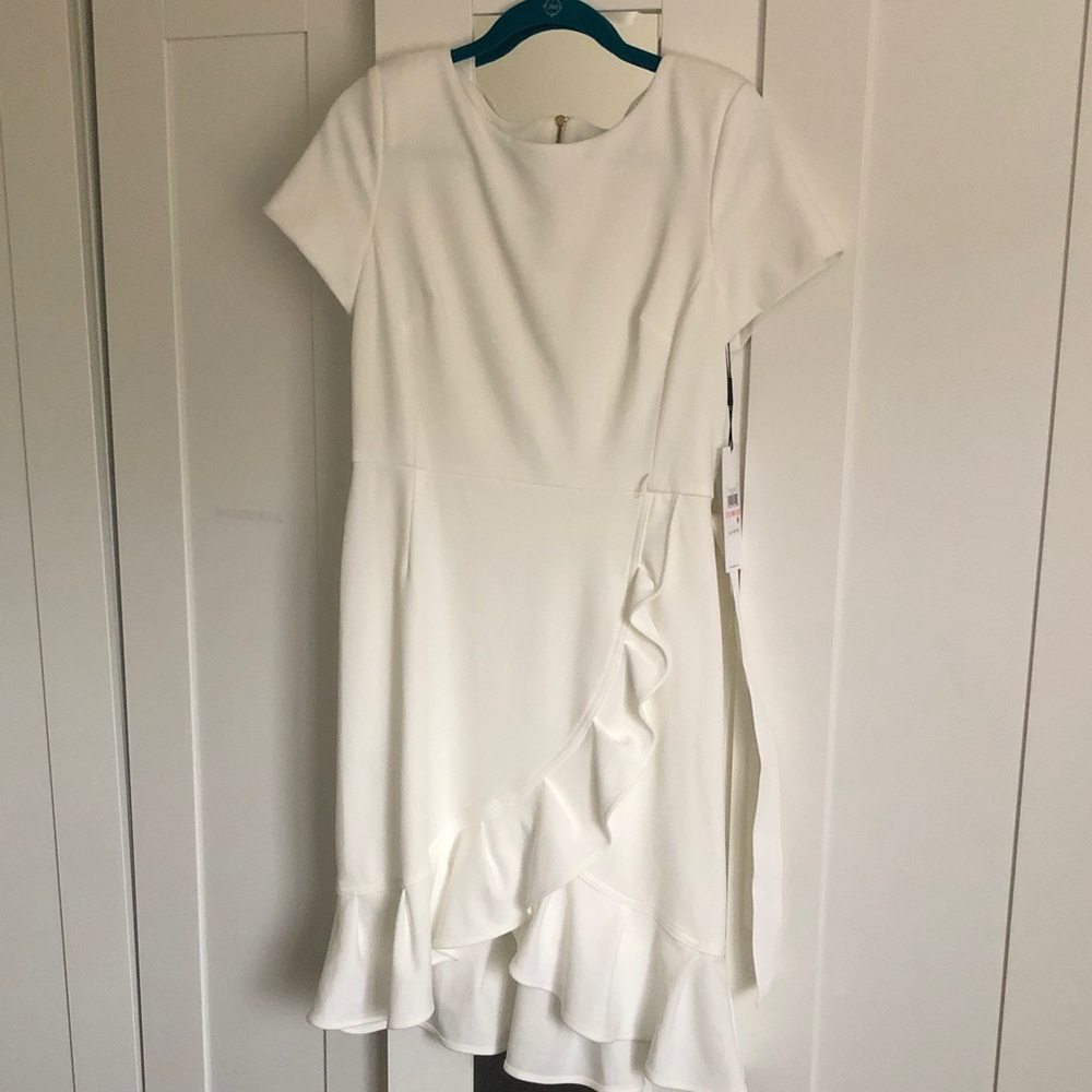 Calvin Klein White Short-Sleeve Ruffle Wrap Midi Dress